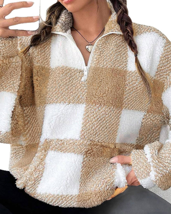 Sweatshirt Halv-Zip Ståkrave Rutemønster