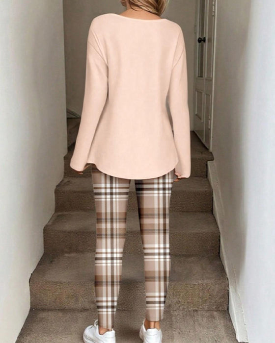 Sæt V-Hals Ensfarvet Top + ternet Bukser Loungewear