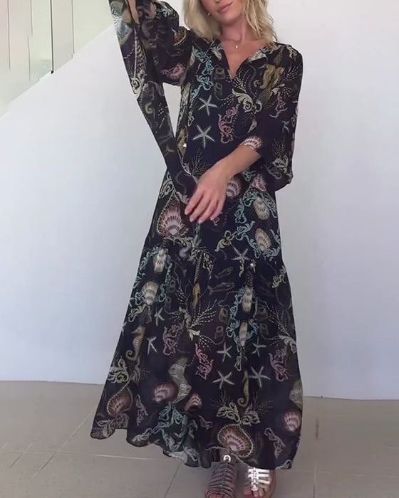 Kjole V-hals Marine Tryk Langærmed