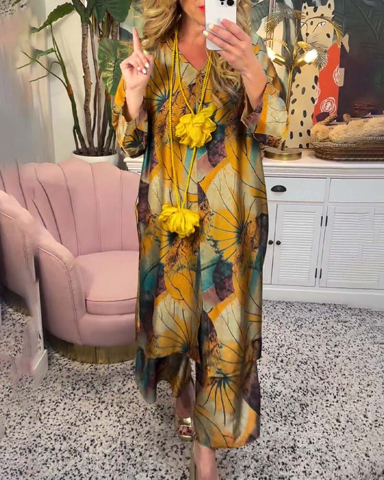 Afslappet to-delt sæt i Boho stil | Bluse og bukser med solsikker