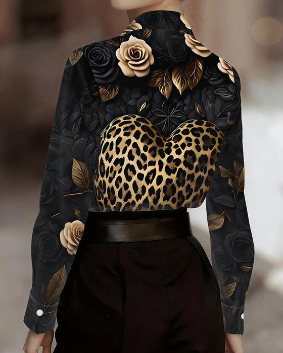 Skjorte Knap Leopard Hjerte Blomstret