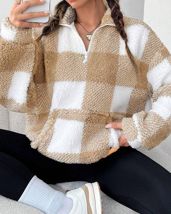 Sweatshirt Halv-Zip Ståkrave Rutemønster