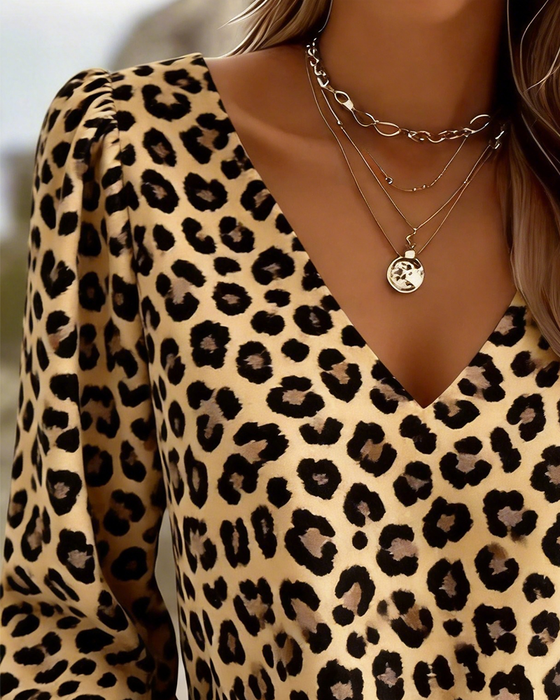 Bluse Leopardprint V-Hals Boble Ærme