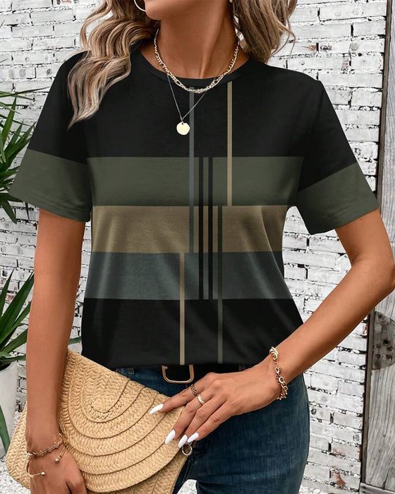 T-Shirt Rund Hals Geometrisk Tryk Kort Ærme