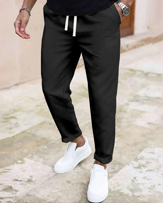 Herre Bukser Ensfarvet Snøre Slim Fit Croppet