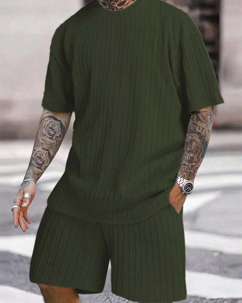 Herres Striberet T-Shirt Og Shorts Toedelt Set