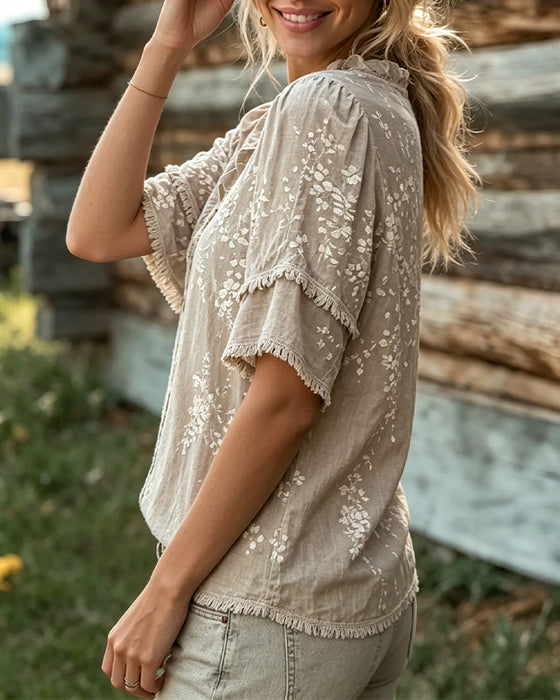 Bluse V-Hals Blondekant Frynser Tryk