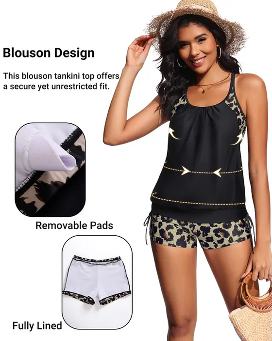 Tankini Ærmeløs Leopard Patchwork Snøre