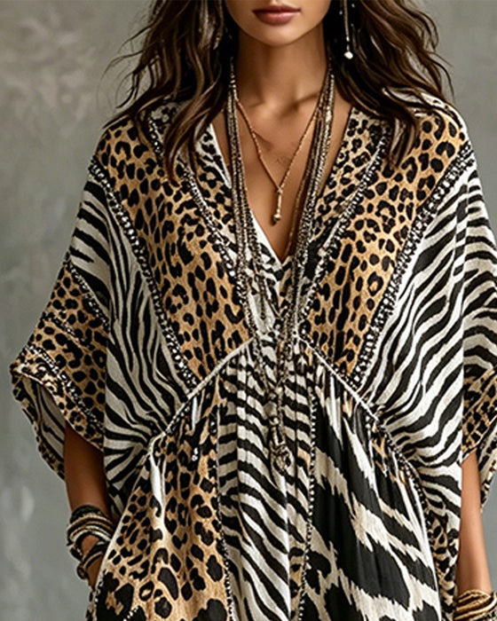 Kjole V-Hals Leopardprint Flagermusærme