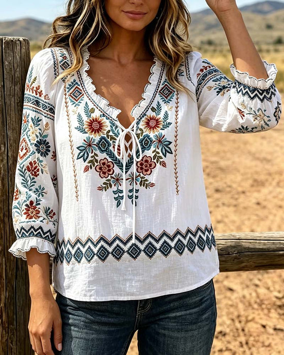 Bluse V-Hals Bohemian Ruffle