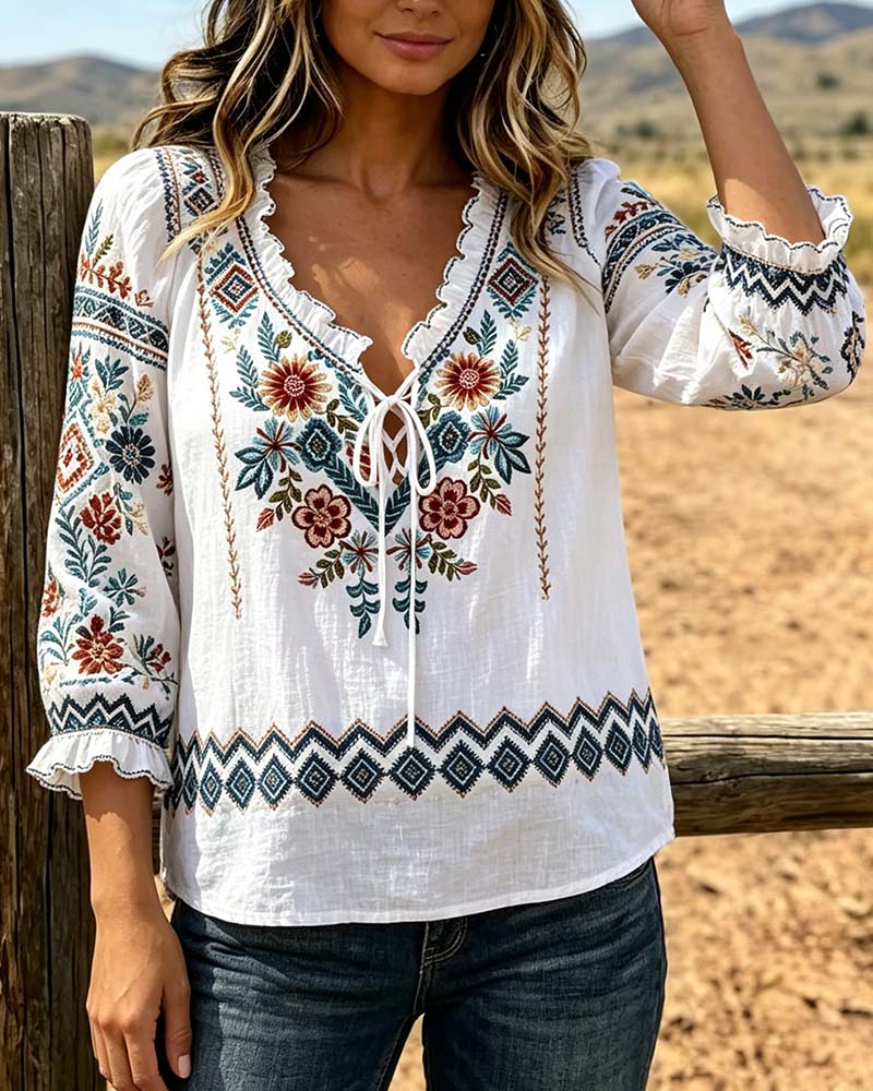 Bluse V-Hals Bohemian Ruffle