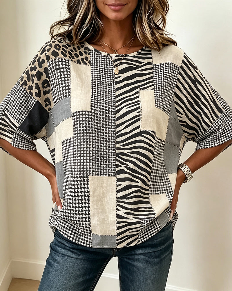 Bluse Rundhals Patchwork Ternet Leopard