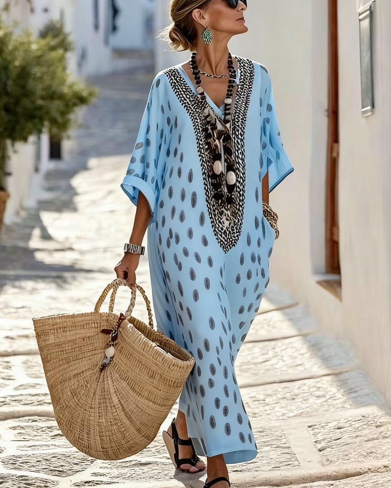 Kjole V-Hals Prikket Feriested Tryk