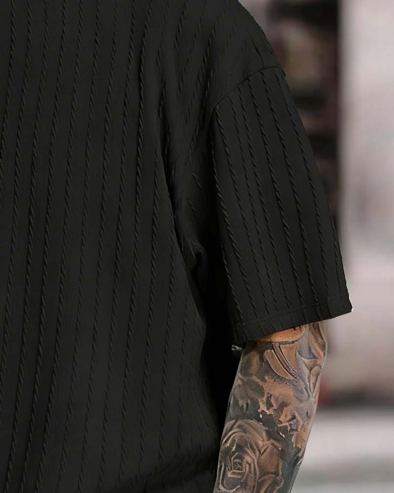 Herres Striberet T-Shirt Og Shorts Toedelt Set