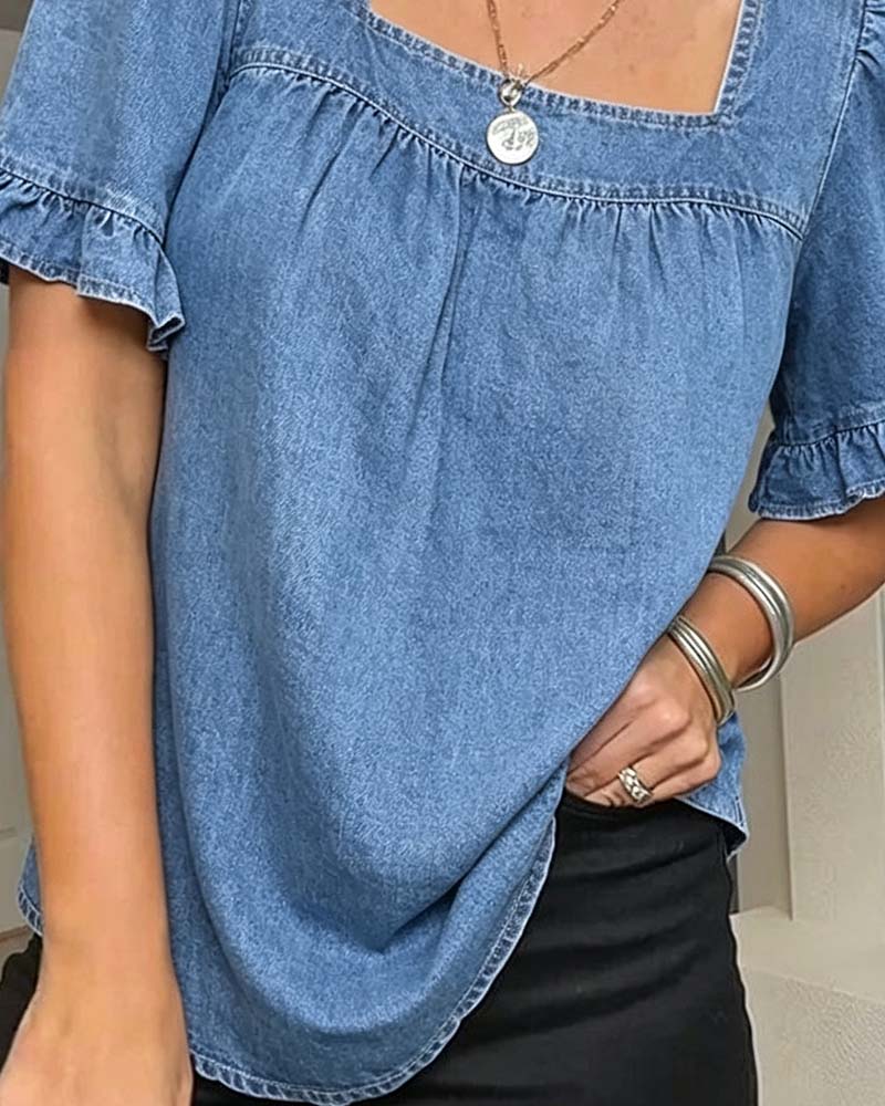 Bluse Firkantet Hals Rynket Denim