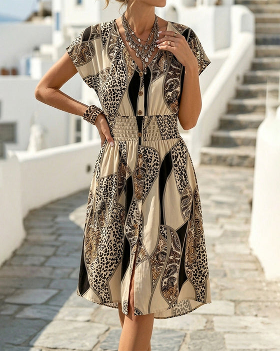 Kjole Leopardprint V-Hals Knap Talje