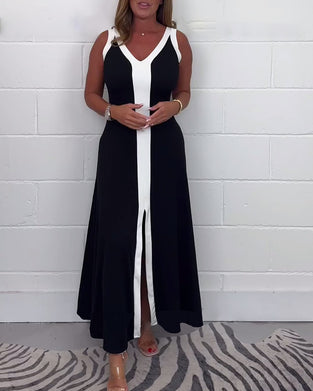 Kjole uden ærmer med hvide kanter og bred skillelinje