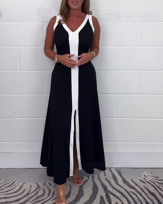 Kjole uden ærmer med hvide kanter og bred skillelinje