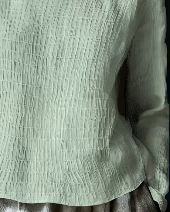 Bluse Rund Hals Rynket Blonde Panel Solid