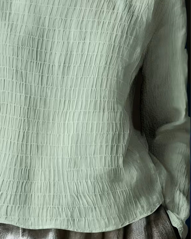 Bluse Rund Hals Rynket Blonde Panel Solid