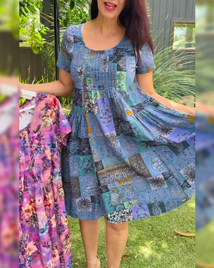 Kjole Rund Hals Plisseret Trykt A-Linje