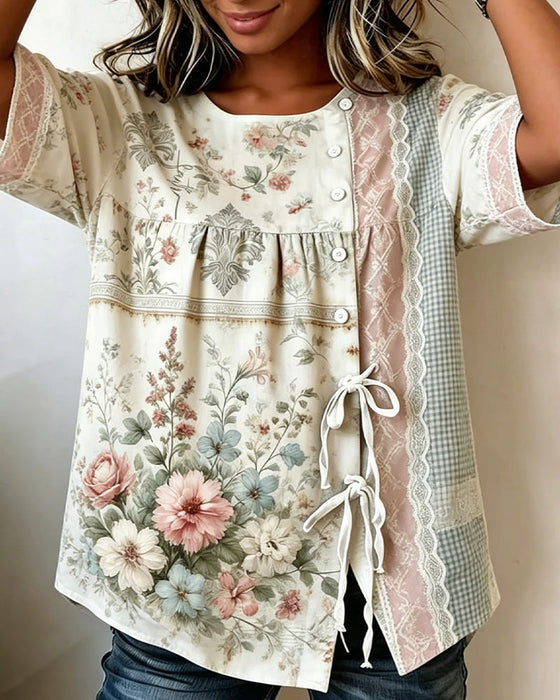 Bluse Retro Blomstermønster Afslappet