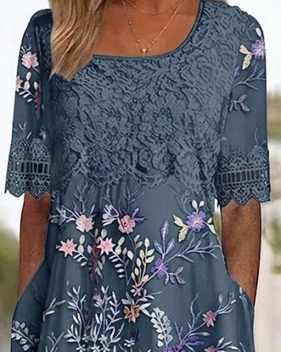 Kjole Blonder Blomstermønster Patchwork A-Linje
