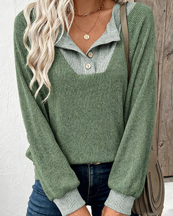 Knit Top Med Kontrasterende Krave Langærmet