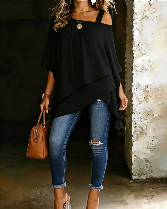 Bluse Asymmetrisk Cold Shoulder Ensfarvet Afslappet