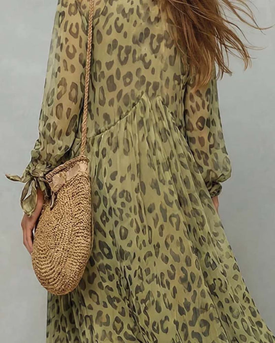 Kjole V-Hals Lang Ærme Leopard Maxi