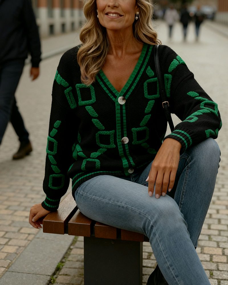 Cardigan Fashion Kontrastfarve V-Hals