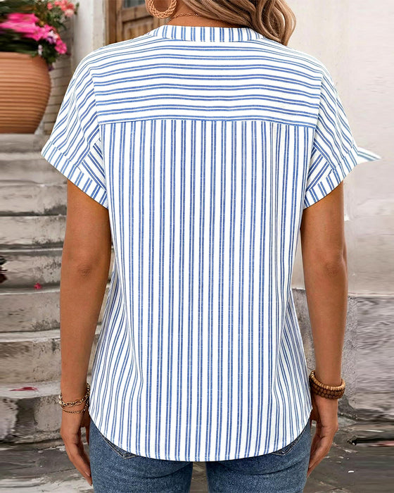 Bluse Stribe V-Hals Knap Patchwork