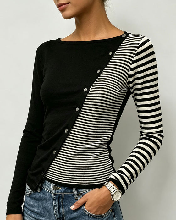 T-Shirt Kontrast Stribet Knap Patchwork