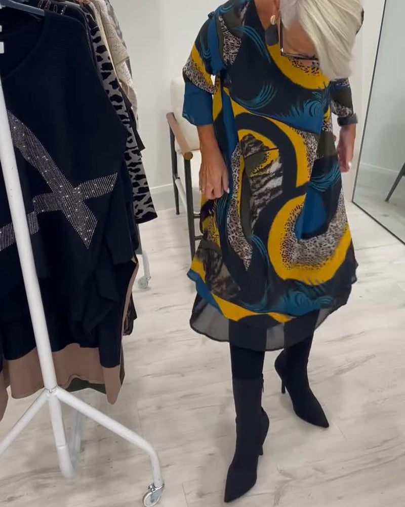 Elegant Trykt Kjole Med Rund Halsudskæring