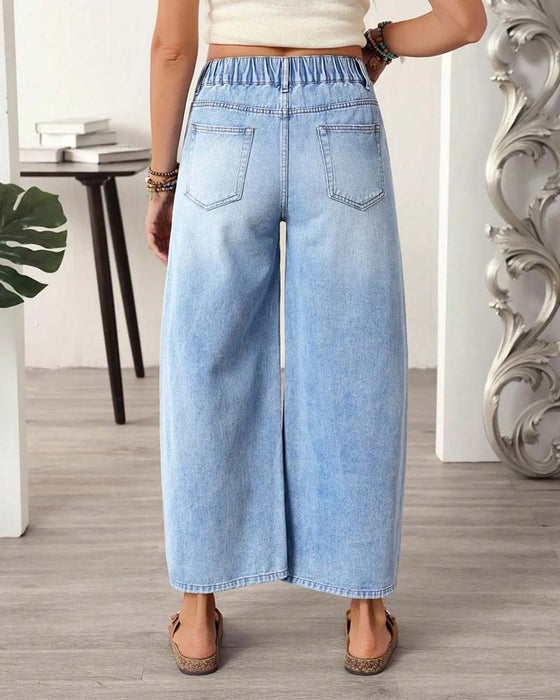 Jeans Denim Elastisk Talje Bredt Ben Croppet