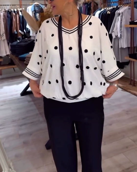 Bluse V-hals Polka Dot Løs