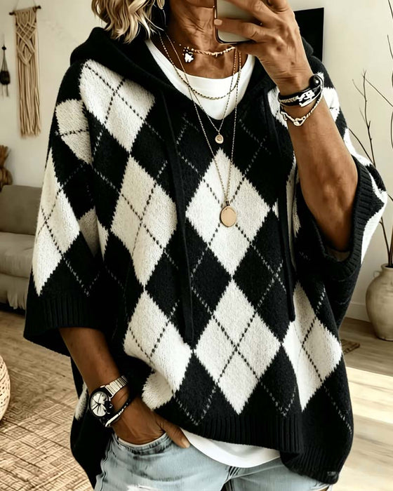 Pullover Plaid Hætte Tre-Kvart Ærme