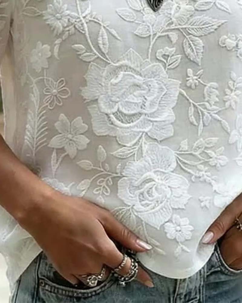 Bluse Rundhalset Broderet Blonder Patchwork