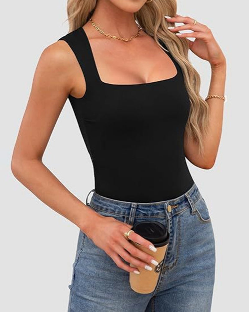 Tank Top Firkantet Hals Ribbet Ensfarvet