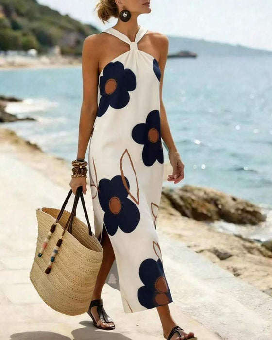 Kjole Kryds Halter Blomstret Slids Maxi