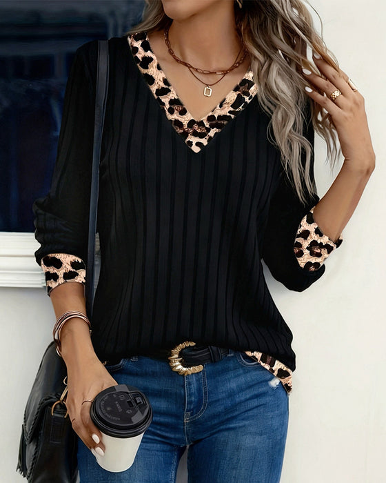 Top Lang Ærme V-Hals Leopard Patchwork