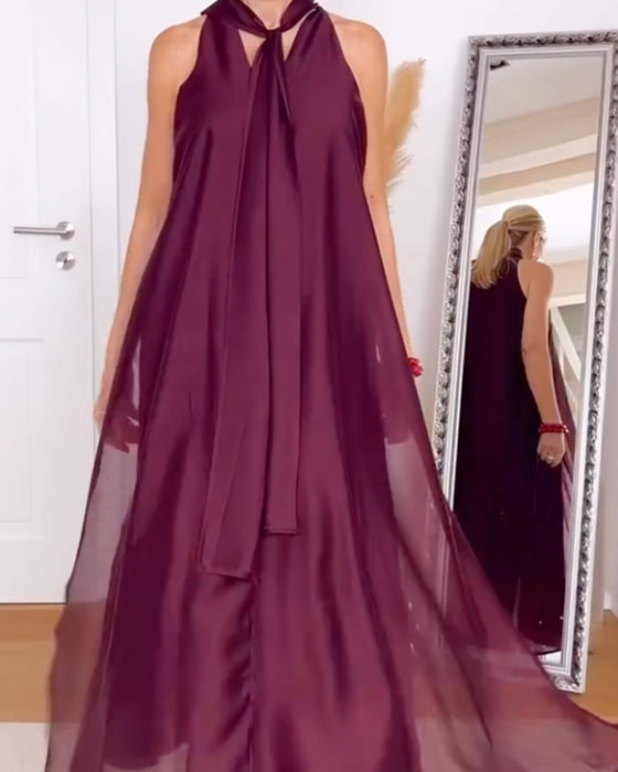 Kjole Halsudskæring Maxi Nederdel Ensfarvet Let Chiffon