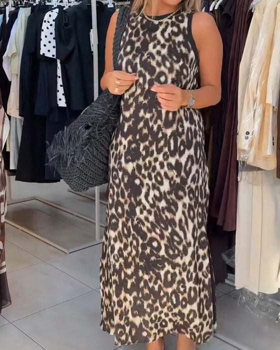Kjole Rundhalset Leopardmønster Ærmeløs Maxi