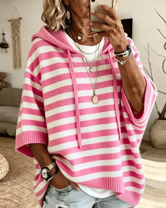 Sweater Stribe Hætte Løs Tre Kvart Ærme