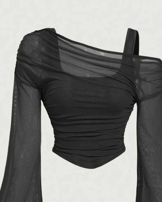 Bluse Net Rynket Lang Ærme Cami
