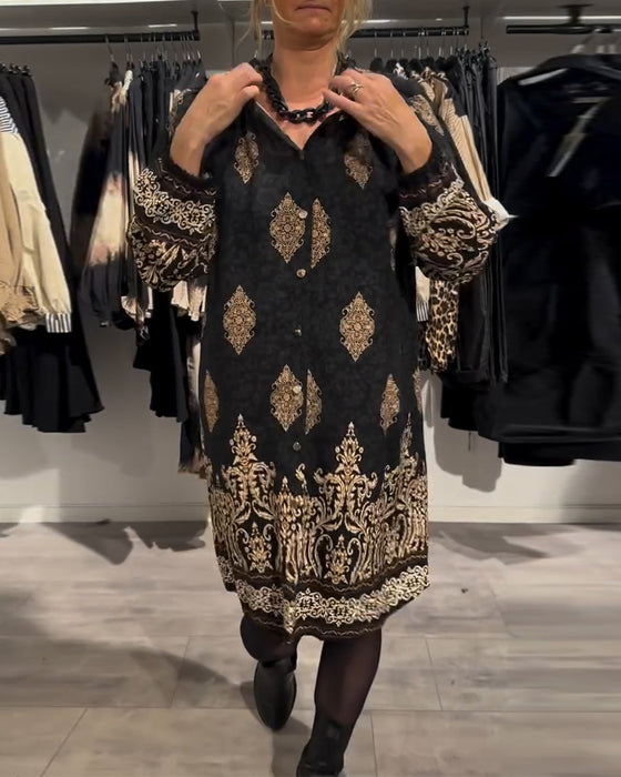 Revers-kjole med vintage-print med knapper