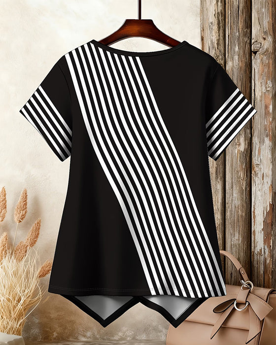 T-Shirt Diagonal Stribe Patchwork Rundhalset