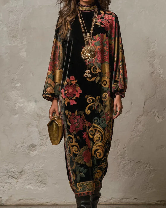 Kjole Mock-Neck Floral Velvet Langærmet Maxi