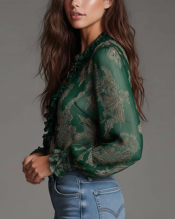 Bluse Halvlås Rynke Retro