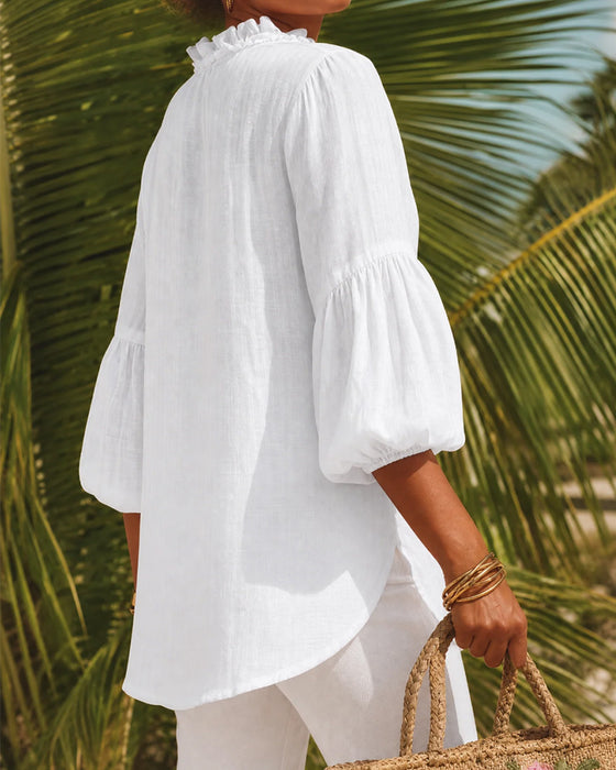 Bluse Ruffle Kant Pufærme V-Hals
